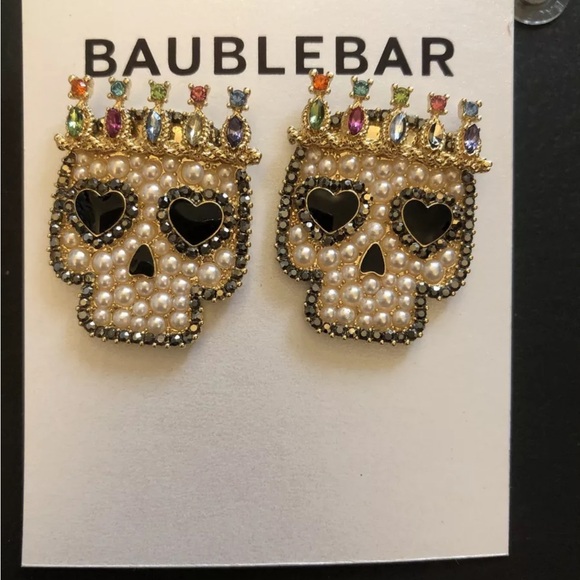 Baublebar Gold Tone Sugar Skull King Stud Drop Earrings Faux Pearl & Crystal NEW - Picture 2 of 11